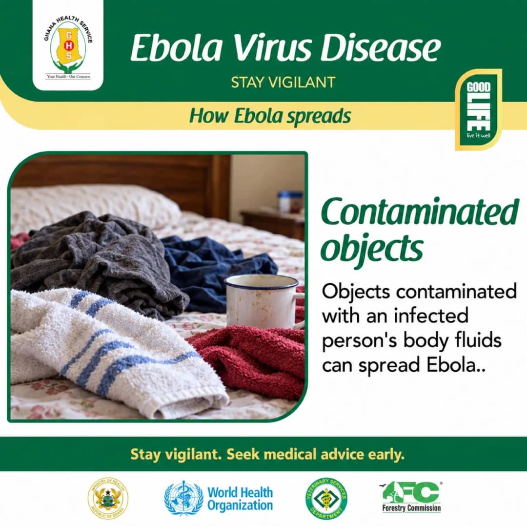 Ghana Health Service poster, Ebola Virus Disease: stay vigilant. How Ebola spreads: contaminated objects. Objects contaminated with an infected person's body fluids can spread Ebola. Stay vigilant. Seek medical advice early.